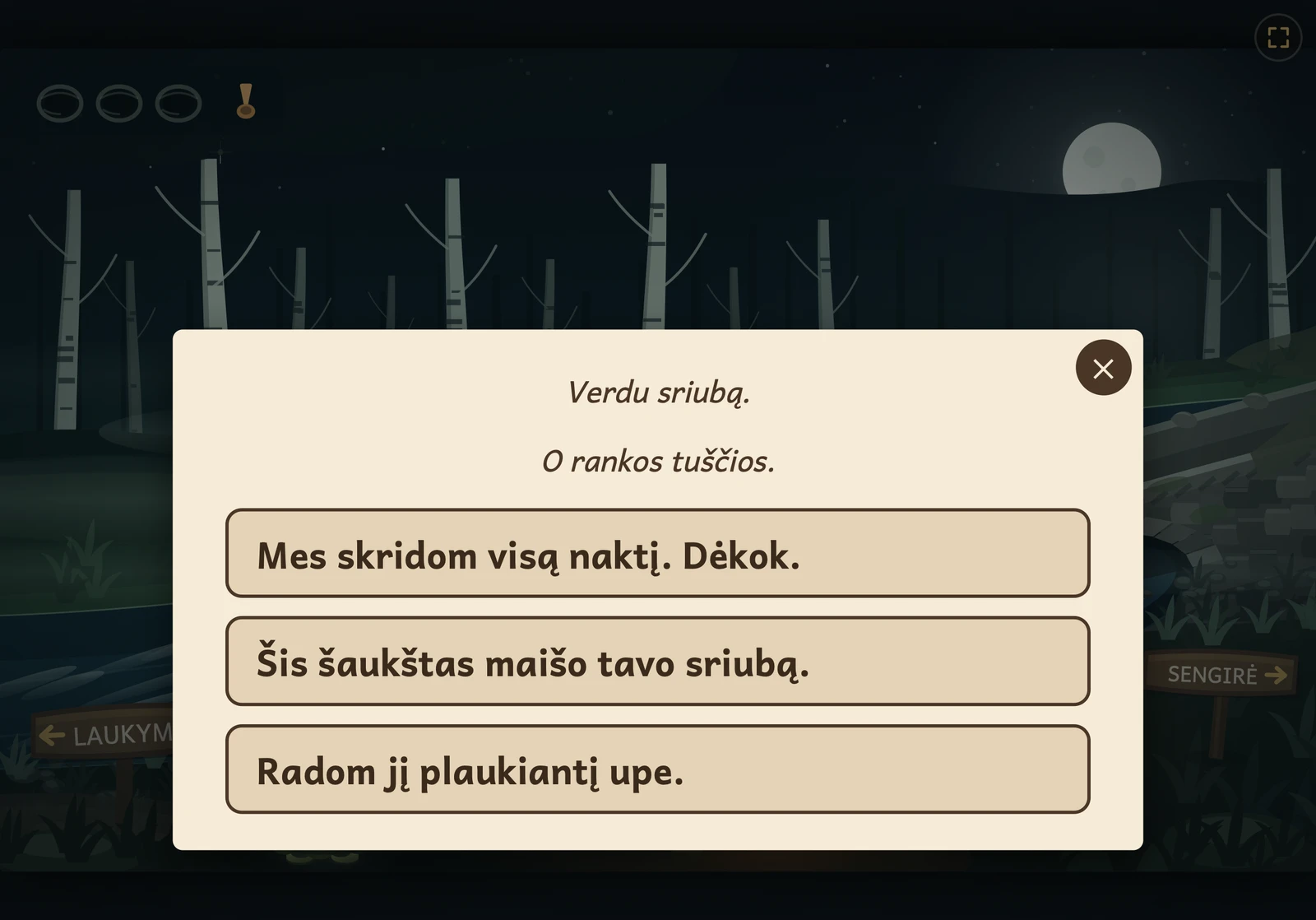 Aitvaro nakties pokalbis: Gurgis sako „Verdu sriubą. O rankos tuščios.“, po juo trys sakiniai, iš kurių vieną renkasi vaikas